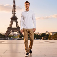Men’s Long Sleeve Polo Shirt Pocket Regular Fit Contrast Collar Large