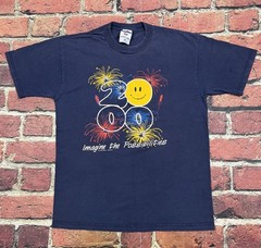 Vintage Walmart Smiley Face Fireworks Graphic Navy Blue T Shirt 2000 Medium USA