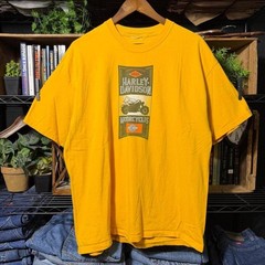 Vintage Y2K Harley Davidson Box Logo Biker Yellow Tee Motorcycle Flames Shirt XL