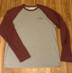Columbia OmniWick Mens Size Large Long Sleeve Shirt Gray and Red Stretch