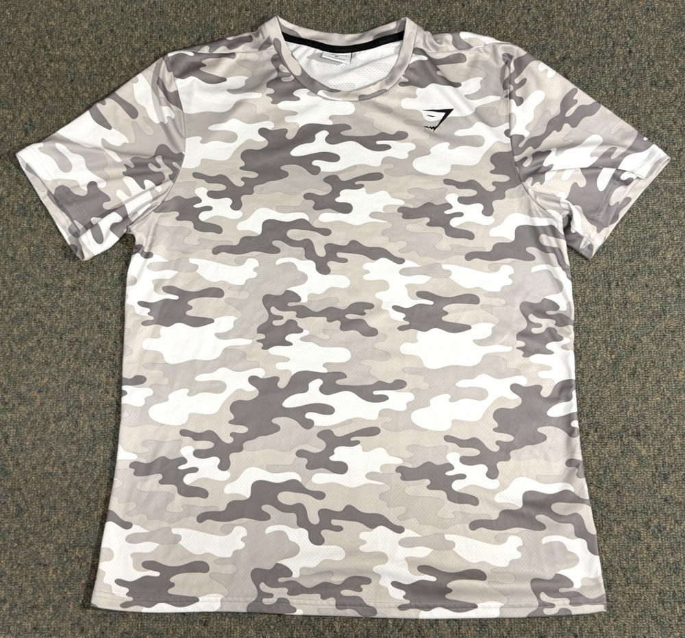Gymshark Shirt Men’s Size XL Gray Camo Stretch Performance Outdoors Activewear
