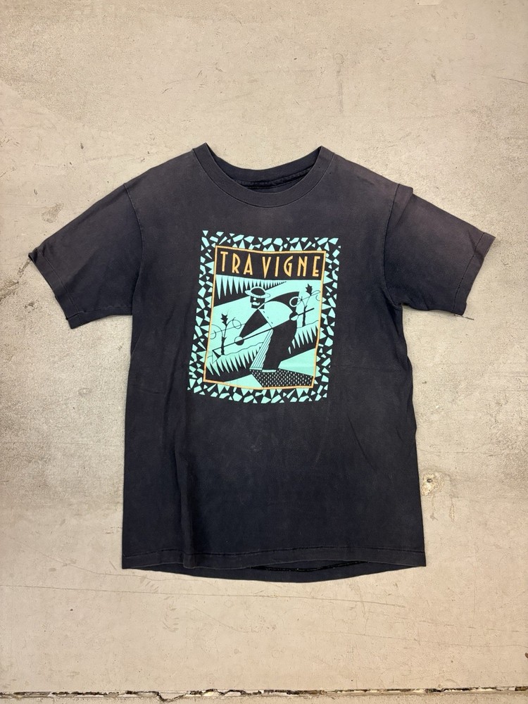 Vintage 90s Tra Vigne Art Deco Men’s T-Shirt Size Medium Black Faded Vtg