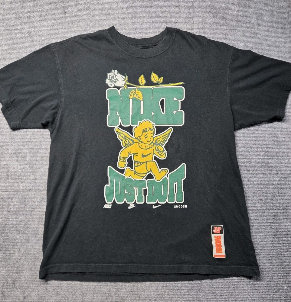Nike T-Shirt Mens M Black Cherub Angel Rose Just Do It Swoosh Loose Fit Tee