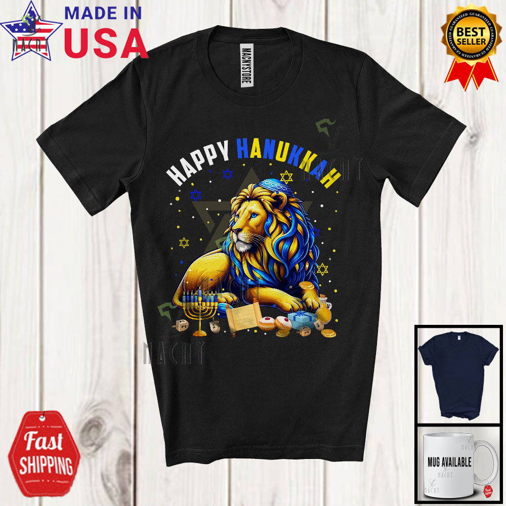 Happy Hanukkah; Lovely Lion Wearing Kippah; Wild Animal Menorah Family T-Shirt