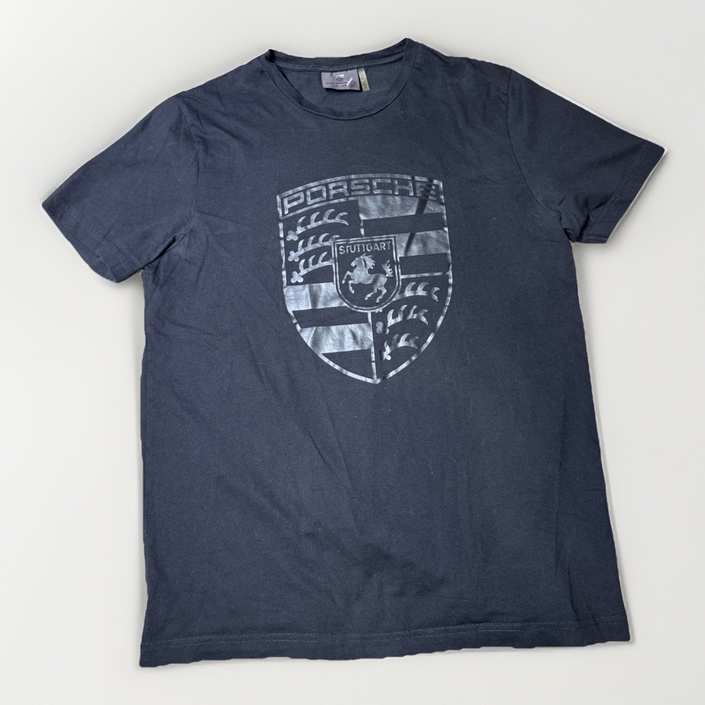Porsche Shirt Mens Small Black Stuttgart Crest Graphic Tee Made Portugal Gloss