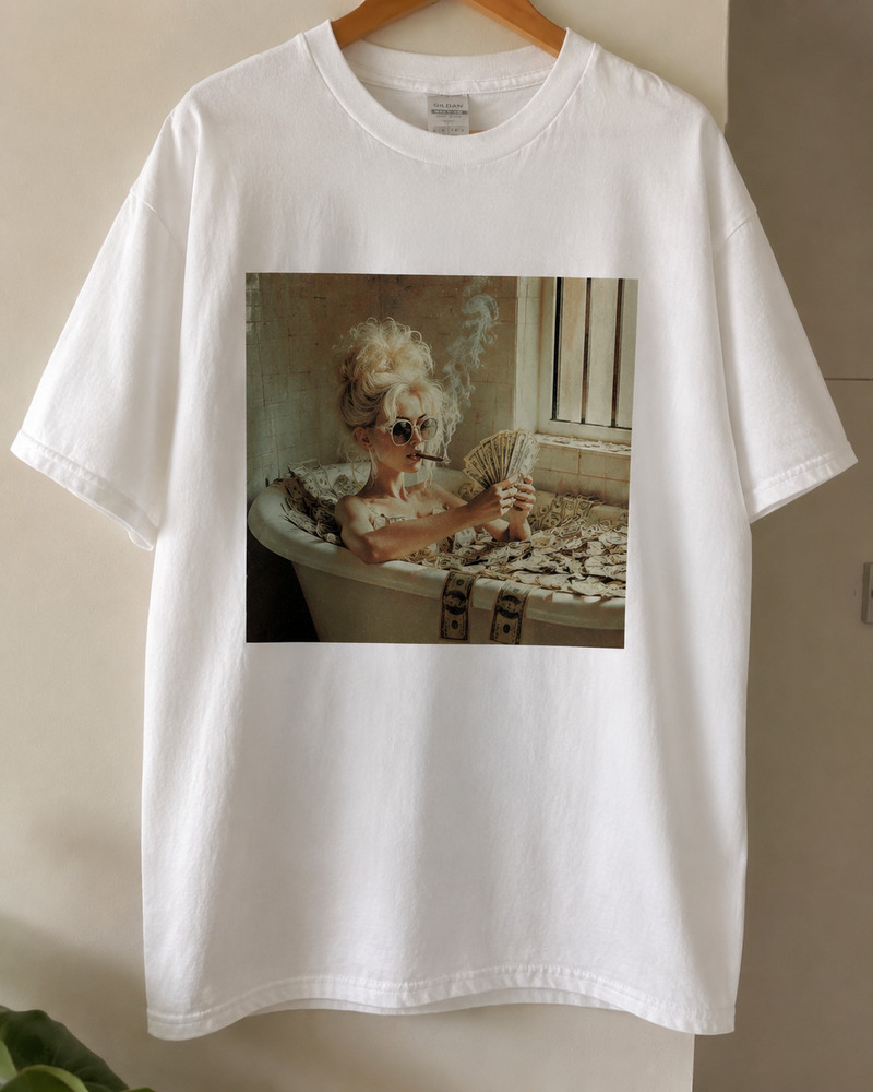 Vintage Aesthetic Girl Bath Portrait Shirt, Artistic Smoking Cash Fan Fashion