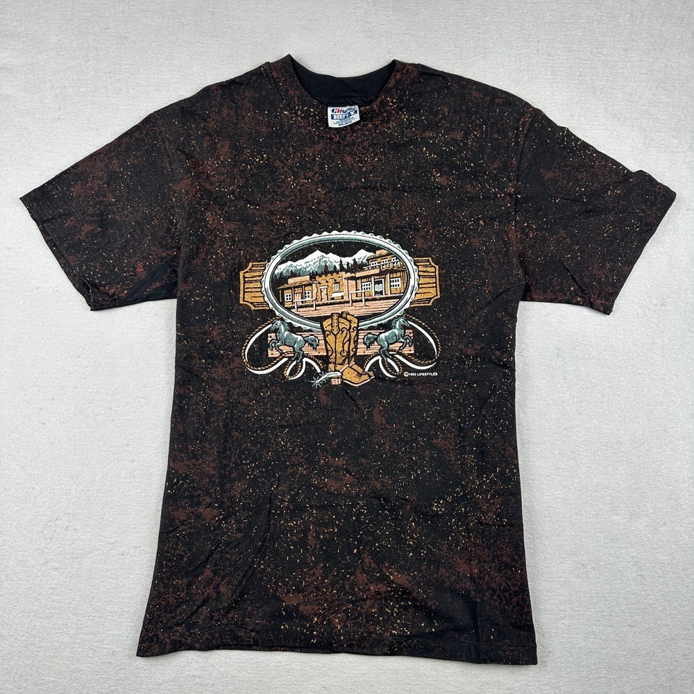Vintage Lifestyles T Shirt Mens M Black Single Stitch Beefy Western Splatter 90s