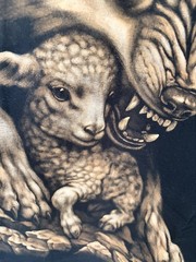 Hand Painted T-Shirt Wolf and Lamb Bleach Art Unique Handmade Size XL