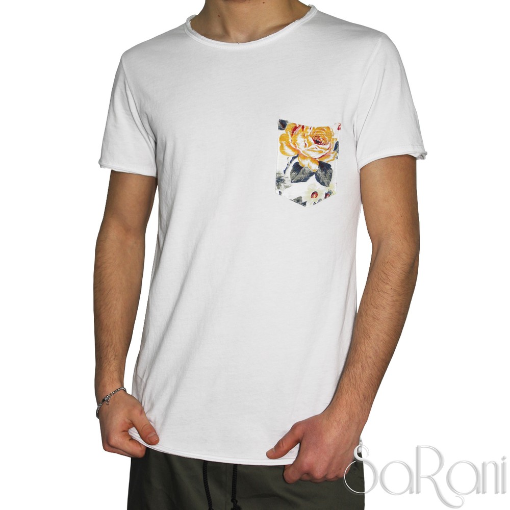 Men’s White Black Floral Pocket Short Sleeve Cotton Crew Neck T-Shirt SARANI