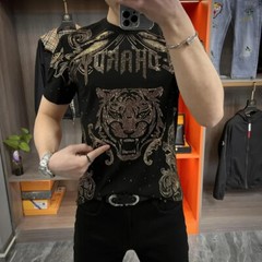 New Men Luxury Diamond Tiger Rhinestones Fashion Black T-Shirt High Quality