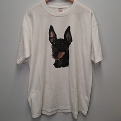 Vintage90’s Mini Doberman Pinscher T-Shirt Sz L Dog Jerzees White 1995 50/50 USA