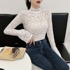 Women Long Sleeves Blouse Turtleneck T-shirt Stretch Lace Bottoming Tops