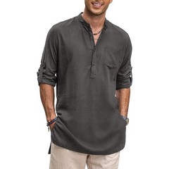 COOFANDY Men Linen Henley Shirts Long Sleeve Collarless T-Shirts Longline