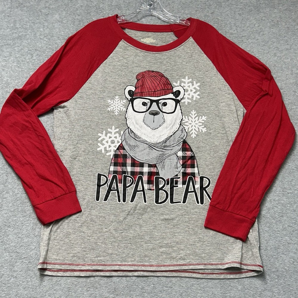 T-Shirt Mens Sz L Raglan Papa Bear Snow Flakes Christmas Graphic Red Gray