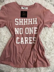 Trendy Pink Graphic Tee – “Shhhh No One Cares” Statement Shirt – Size LARGE