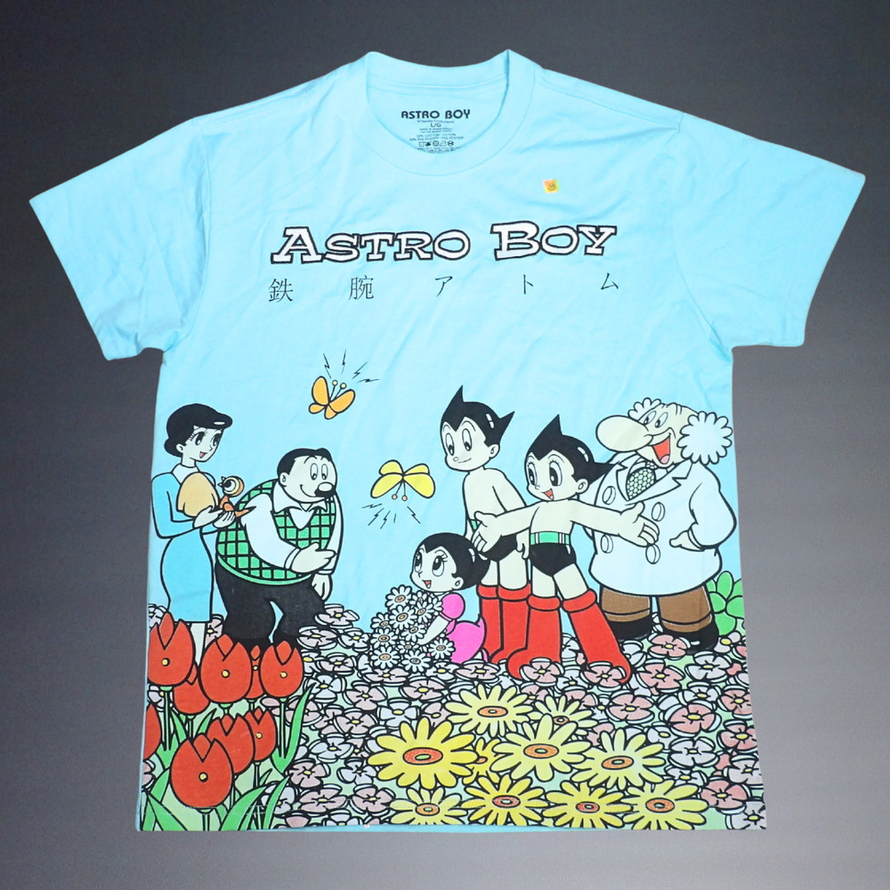 ASTRO BOY TEZUKA PRODUCTIONS LIGHT BLUE+FLOWERS EMBROIDERED GRAPHIC T-SHIRT LRG