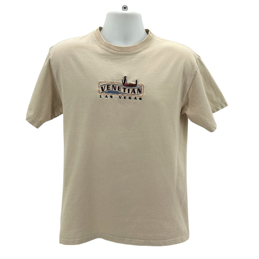 Vintage The Venetian Mens Medium T-Shirt Las Vegas Gondola Embroidered Tan Retro