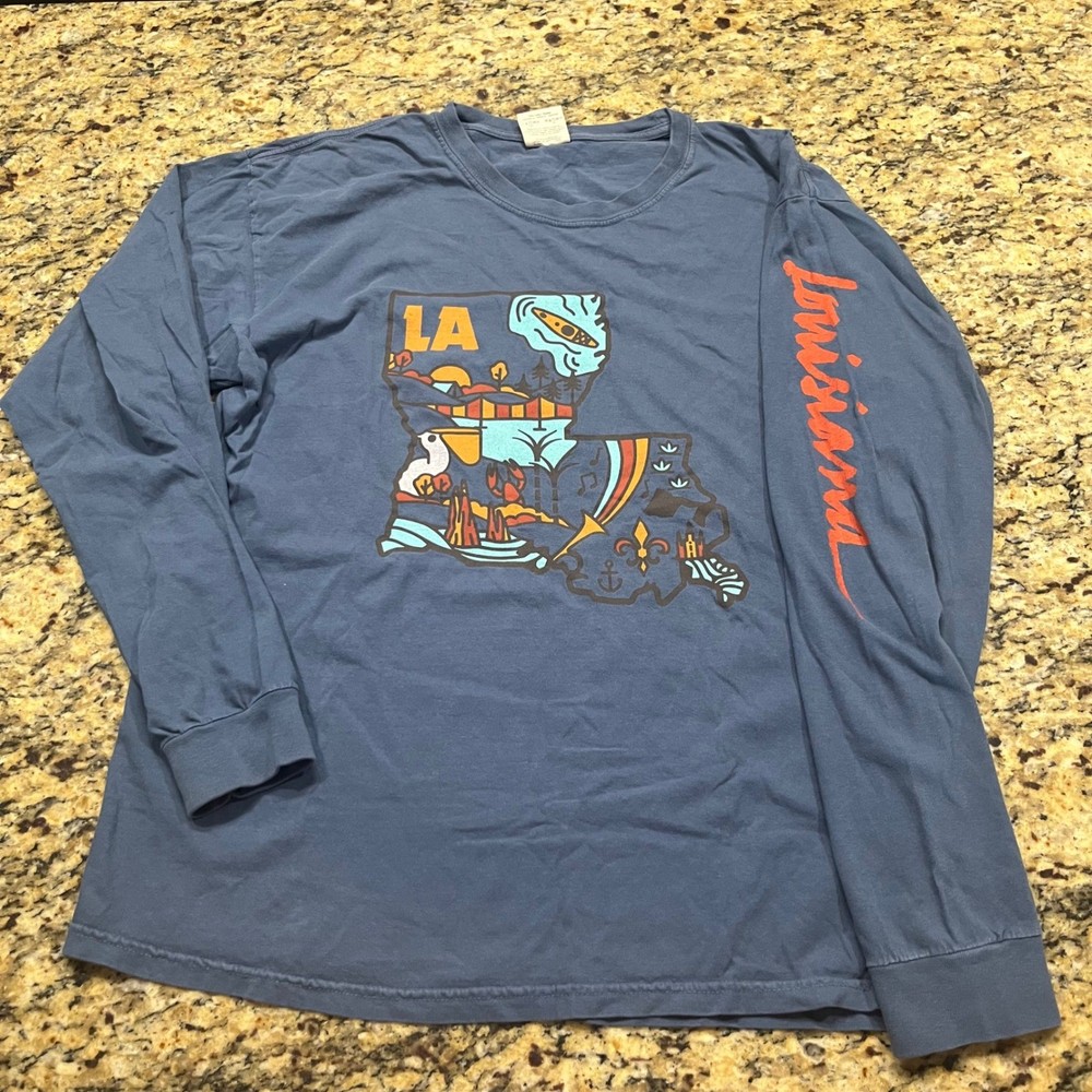 Comfort Colors Louisiana State Graphic Long Sleeve T-Shirt Blue Mens Large