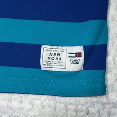 Vintage Tommy Jeans Mens XL Blue Striped Short Sleeve Script Boxy Logo T-Shirt