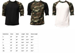 New 3/4 Sleeve Camo Raglan Baseball Mens Army Camouflage Sports T-Shirt S-3XL