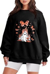 Halloween Sweatshirts for Women: Oversized Ghost Castle Sweatshirt Cute Spook…