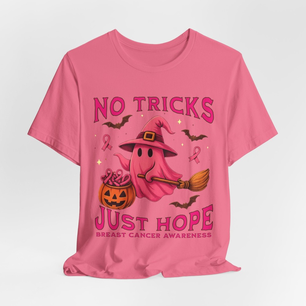 No Tricks Just Hope T Shirt Breast Cancer Awareness Halloween Pink Ghost Ribbon