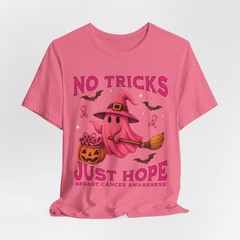 No Tricks Just Hope T Shirt Breast Cancer Awareness Halloween Pink Ghost Ribbon
