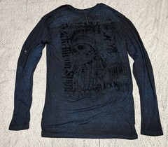 Affliction Mens Large Blue Henley Black Moon Spirit Skeleton Back Print Y2K