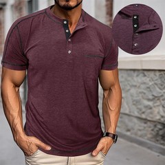 Men Short Sleeve Solid Half Open Collar T-shirt Button Pullover Casual Tee