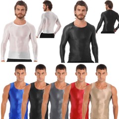US Men’s Shiny Oil T-Shirt Long Sleeve Round Neck Shirt Fitness Bodybuilding Top