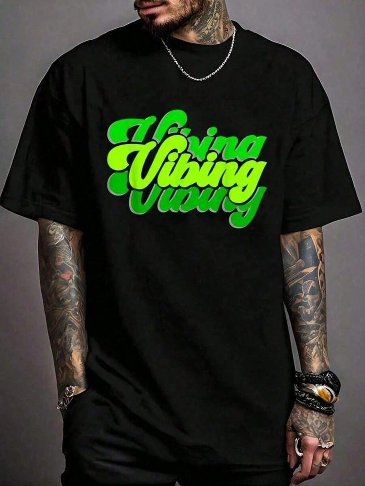 Neon Green Letter “Green Vibe” Crew Neck Short Sleeve Casual Party Men’s Top