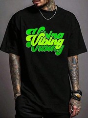 Neon Green Letter “Green Vibe” Crew Neck Short Sleeve Casual Party Men’s Top