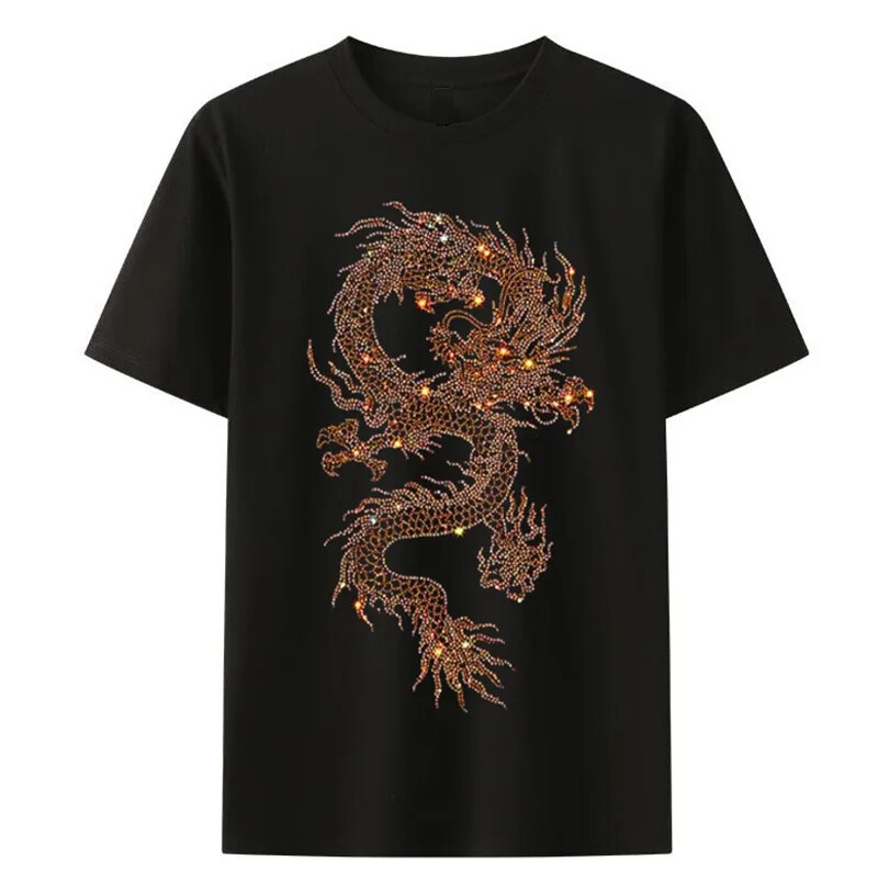 Fashion Dragon Rhinestones Summer Short Sleeve Luxury Men Trend Black T-Shirt