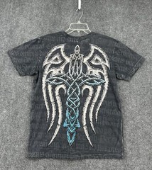 Affliction LIVE FAST SHIELD WINGED T Shirt Gray Blue Foil Accents Men’s M Grunge