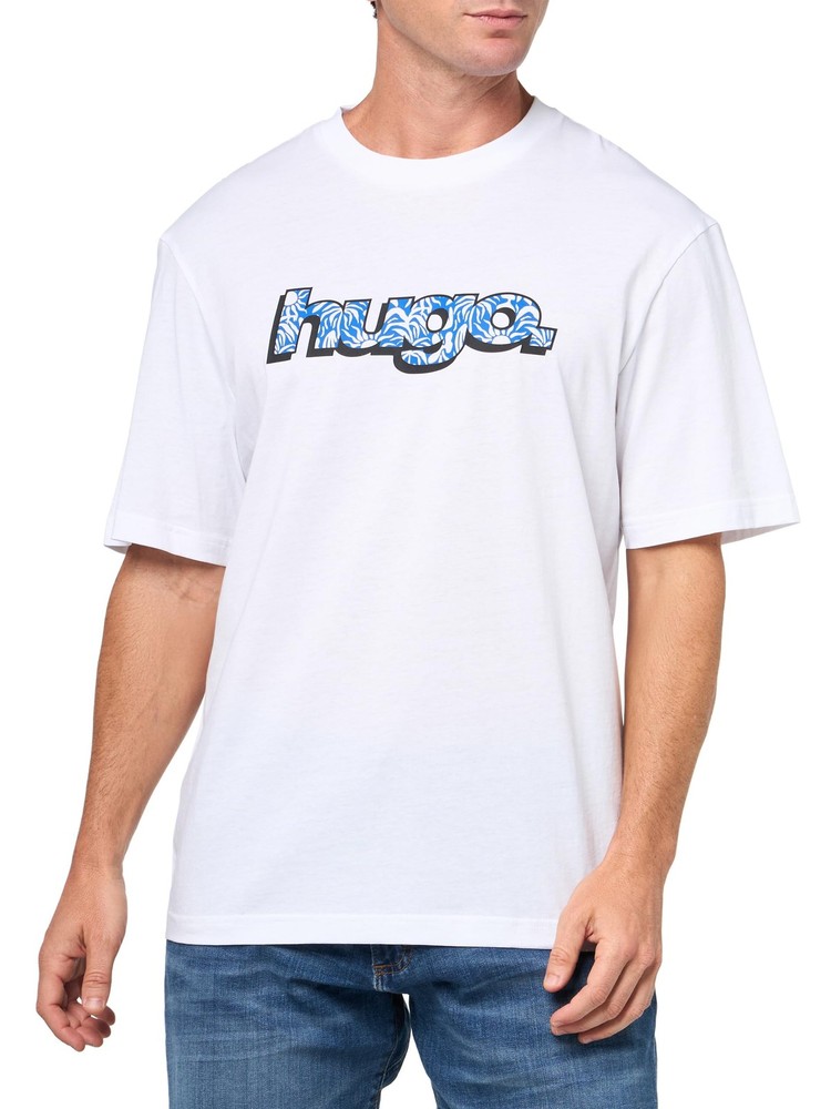 HUGO, Wavy Logo Cotton T-Shirt, White Cream, S