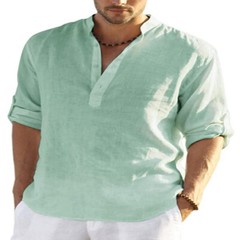 Mens Cotton Linen Long Sleeve Shirt Solid Loose Blouse Button Down Tops T Shirt