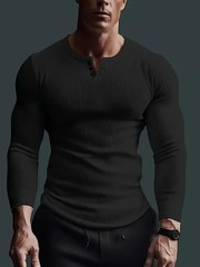 AMen’s Collarless Breasted Henry Shirt Top Fitness High Stretch Base Shirt
