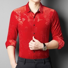 Men Velevt Blouse Shirts Tops Floral Printed Plush Casual Formal Cardigan M-3XL