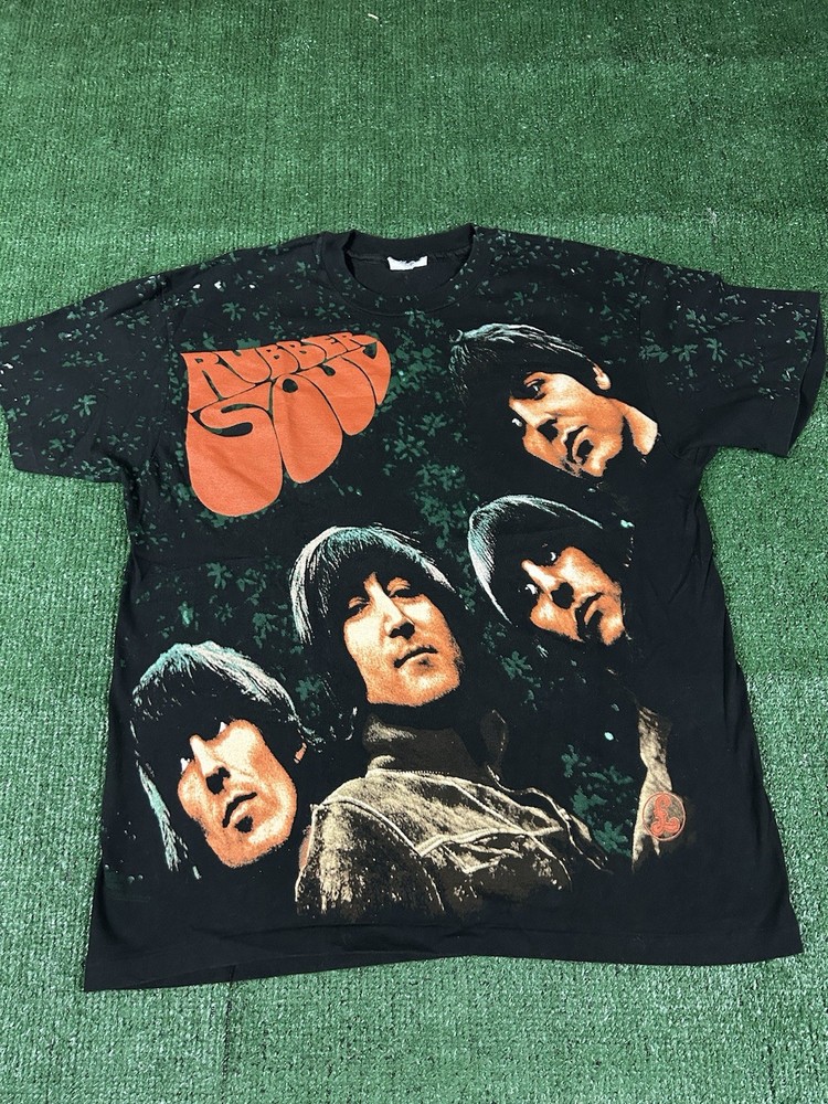 VINTAGE 90’s THE BEATLES RUBBER SOUL ALL OVER PRINT AOP ROCK SHIRT Sz L Rock