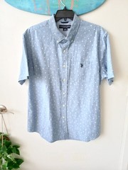 Polo Assasin Mens Sz L. Blue Tiny Palm Trees & Anchors Button Down Soft Cotton