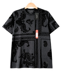 GUESS Men’s Size M Black Paisley Flocked T-Shirt Velvet Short Sleeve NWT