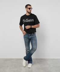 Alexander McQueen Black Paint Effect Logo T-Shirt Men’s Designer Tee S-XXL