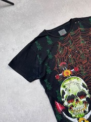 Christian Audigier Skull Spider Web Rhinestone Gothic Graphic T-Shirt Black