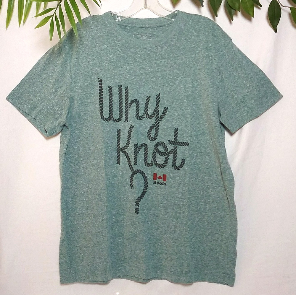 Roots Canada T-Shirt Why Knot? Rope Font Green Mens M Tagless Tee Cotton Blend