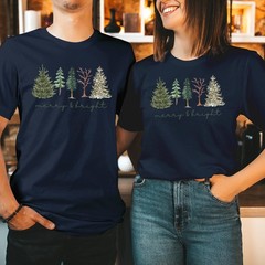 Merry & Bright Christmas Tree T-Shirt Watercolor Boho Xmas Holiday Shirt T-5162