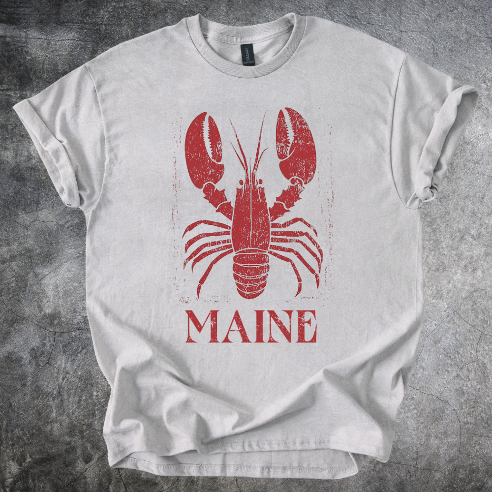 Maine Shirt Lobster Graphic Coastal Seafood Art Block Style Nautical Tshirt Gray