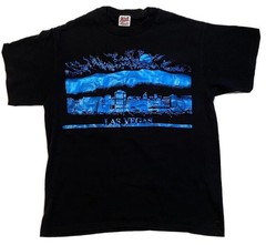Vtg Las Vegas Blue Metallic Foil Print Large Black T Shirt Single Stitch Rare