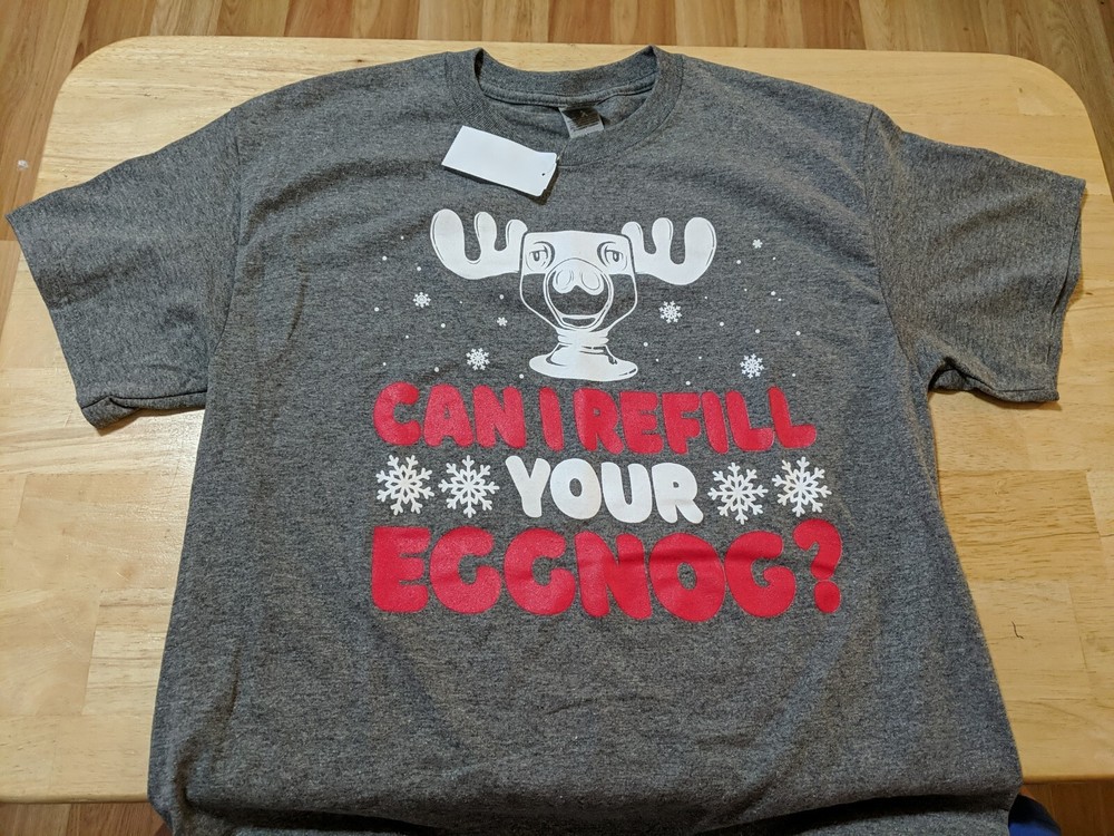 New Men’s Size Large Can I Refill Your Eggnog T-shirt By Gildan