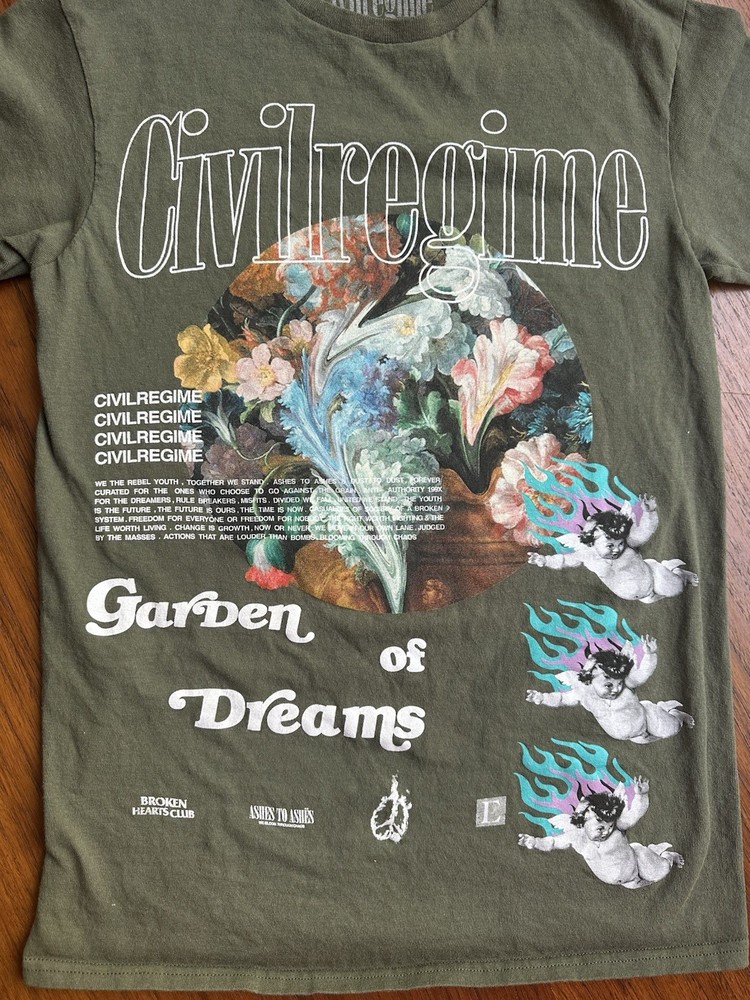 Civil Regime T Shirt “Garden of Dreams” angelic cherubs Olive Green Small