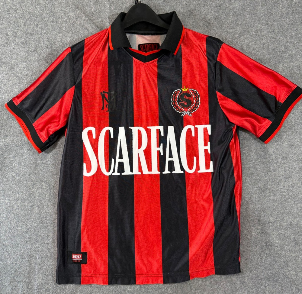 Scarface Reason Soccer Jersey Shirt Mens M Red Black Striped Slim Fit Collared
